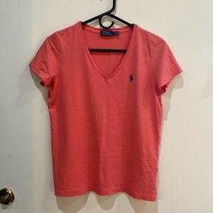 Women’s V-Neck Polo Ralph Lauren 100% Cotton Coral T-Shirt Size M